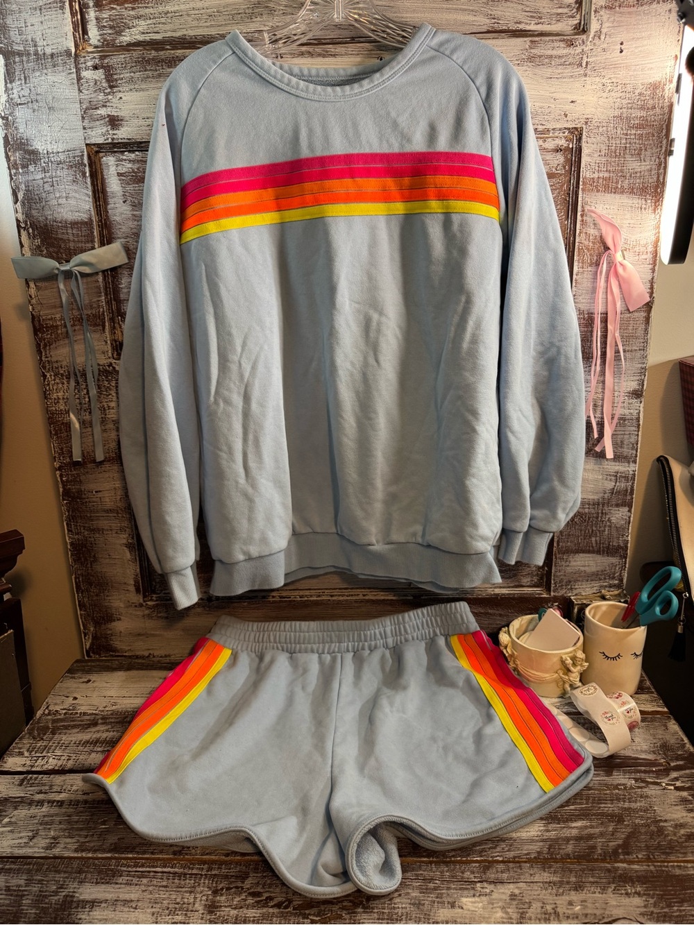 Light Blue Rainbow Stripe Sweatshirt & Shorts Set - Picture 2 of 7